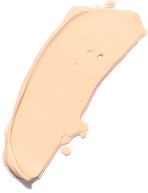 Eksempel på beige foundation eller concealer væske med tre små huller og en dråbe på hvid baggrund.