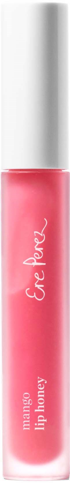 En rosa leppeglansrør med sølvhette, merket 'Mango Lip Honey' og 'Glam Pearl.'