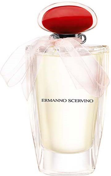 A perfume bottle with a red and oval cap, wrapped in see-through fabric, labeled ERMANNO SCERVINO.