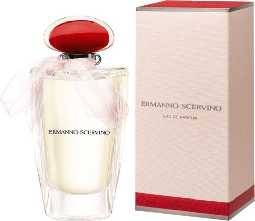 A perfume bottle with a red cap and a white ribbon, next to a beige and red box. The fragrance is Ermanno Scervino Eau de Parfum.