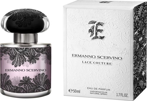 En parfymeflaske og eske med svart blonder og elegant skrift, merket Ermanno Scervino Lace Couture, 50 ml.