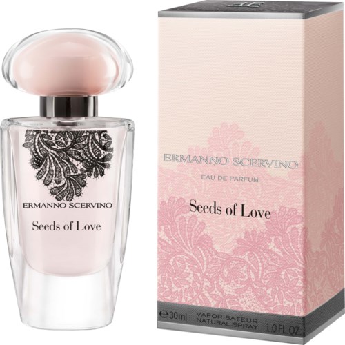 A perfume bottle with floral design and a pink box. The brand is Ermanno Scervino, called Seeds of Love.