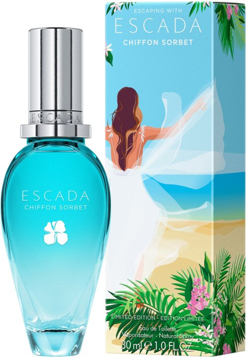 A bottle of Escada Chiffon Sorbet perfume beside a colorful box with a woman on the beach.