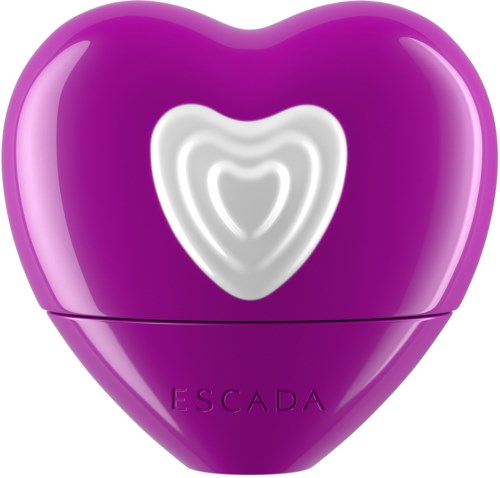 A purple heart-shaped object with a white heart design and "ESCADA" written at the bottom.