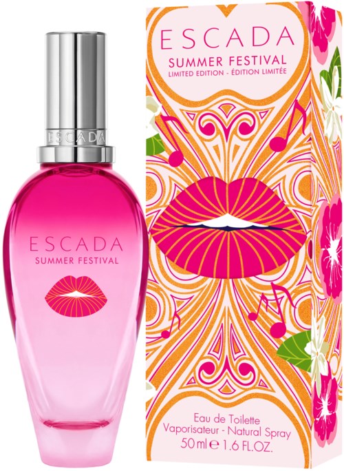 En rosa parfypåse med silvrigt lock och en blomster- och läppdesign för Escada Summer Festival.