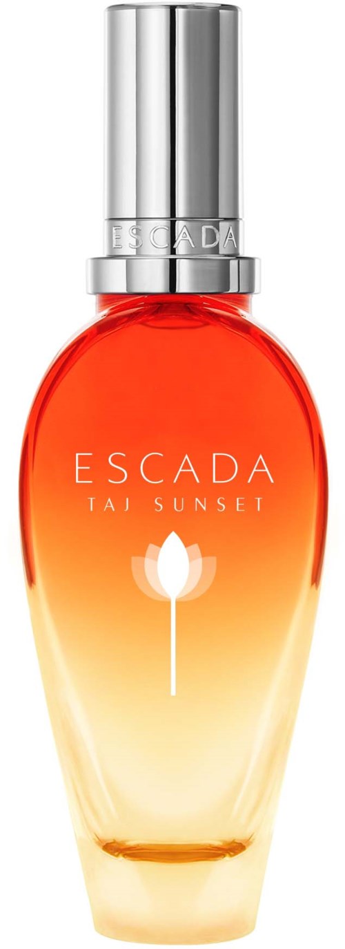 A perfume bottle with a gradient from red on top to yellow at the bottom, silver cap, and white text. It's called Escada Tai Sunset.