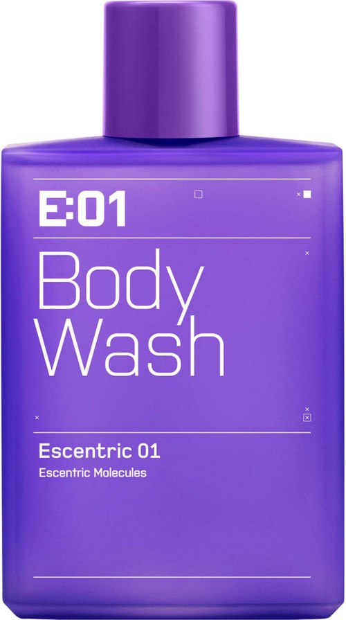 Een paarse fles met 'Body Wash' en 'Ecentric 01', ziet er modern en strak uit.