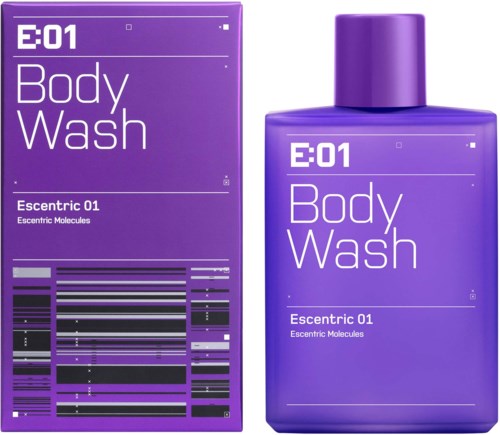 Een paarse fles bodywash en het bijpassende paarse zijn met tekst en barcode-ontwerp.