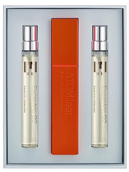 Twee parfumflesjes en een oranje doos in een witte doos.