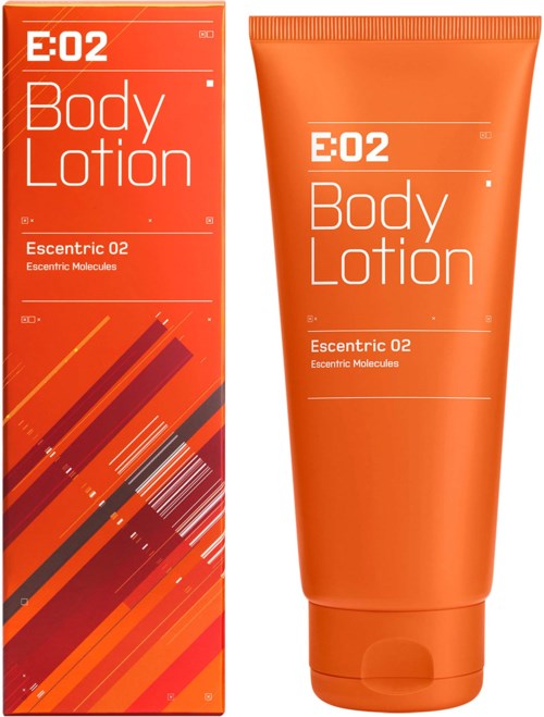 Oranje doos en tube etiket voor bodylotion, met modern geometrisch ontwerp en tekstdetails.