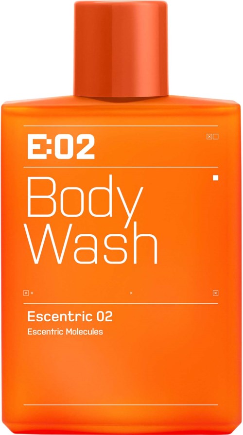 Oranje fles met lichaamswas, gelabeld Escentric 02, met escentrische moleculen, eenvoudig, modern ontwerp.