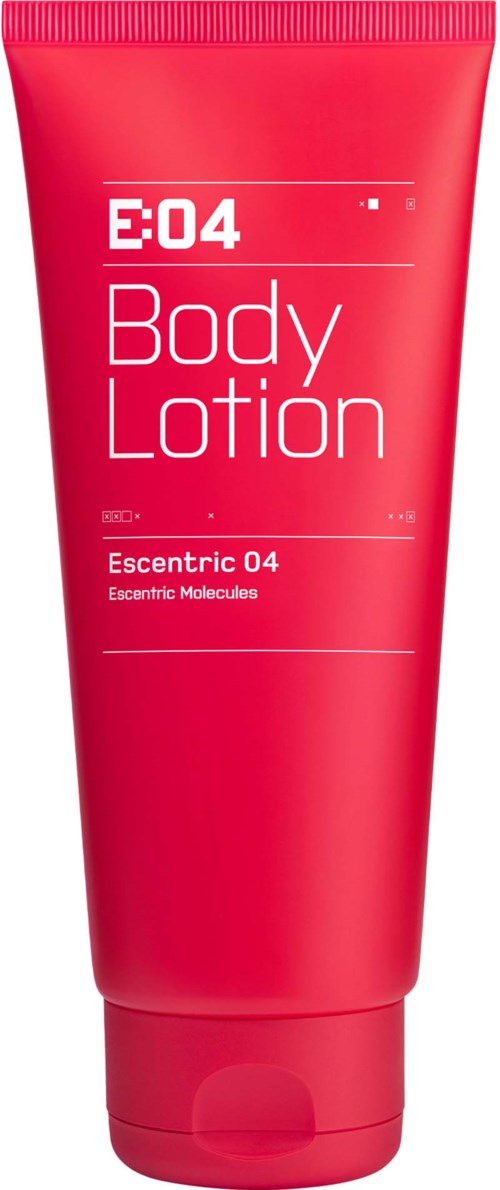 Een rode tube met witte tekst 'E:04 Body Lotion' met een eenvoudig ontwerp.