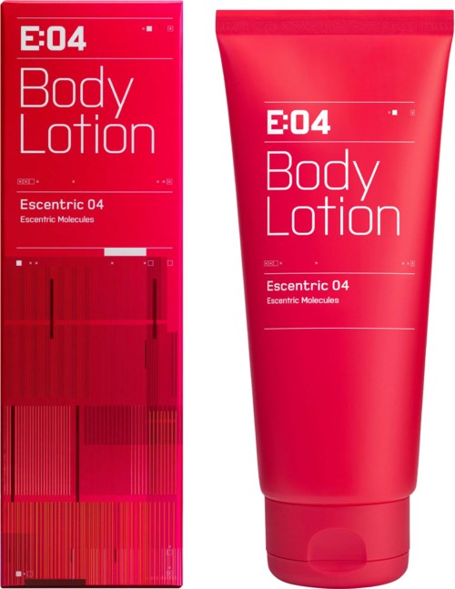 Een rode tube en doos met 'E:04 Body Lotion' en digitale stijl.