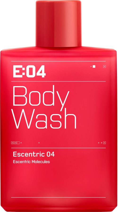 Een rode fles met de tekst 'E:04 Body Wash' en een rode dop, met witte tekst.