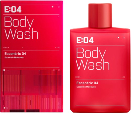 Een rood flesje en doos met E04 Body Wash met minimalistisch ontwerp en witte tekst.
