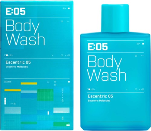 Blauwe fles en doos met tekst 'E-05 Body Wash' en 'Escentric 05 Escentric Molecules.'
