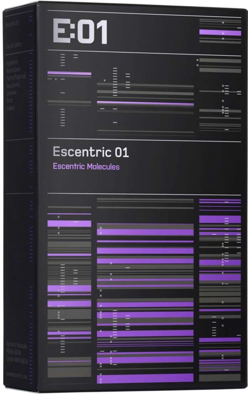 En produktlåda med ett digitalt diagram, märkt 'E:01' och 'Escentric 01' för en doft.