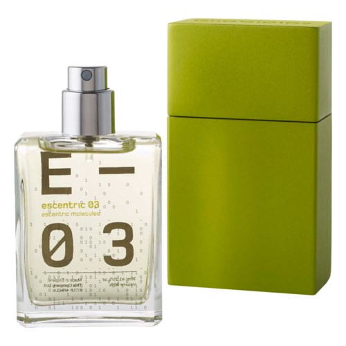 A perfume bottle with a green box behind it, both with modern, sleek designs.