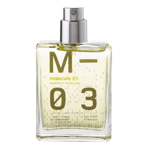 Een glazen fles met spraydop, gelabeld 'molecule 03' en 'ensemtric molecules'.