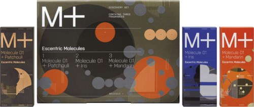 This image shows a set of products named M+ Escentric Molecules, featuring different colors and packaging, with molecular illustrations.