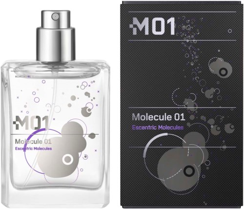 En parfyllflaska och låda med molekyl-design och text, som lyfter fram 'Molecule 01' och 'Eccentric Molecules.'