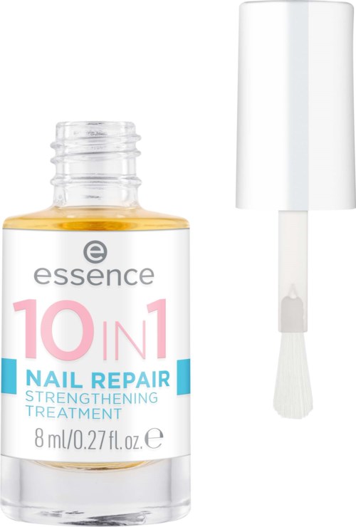 Ein Nagellackflasche mit der Aufschrift Essence 10 in 1 Nail Repair, mit Pinsel und weißem Deckel.