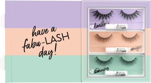 Three sets of false eyelashes in purple, beige, and green boxes with a pastel background and the message "have a fabu-LASH day!".