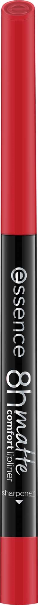 Ein roter und schwarzer Lippenkonturenstift mit dem Text "essence 8h matte".