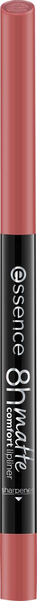 En lyserød makeup læbepen med sort mærkat og hvid tekst, der siger essence 8H matte. Den står oppe.