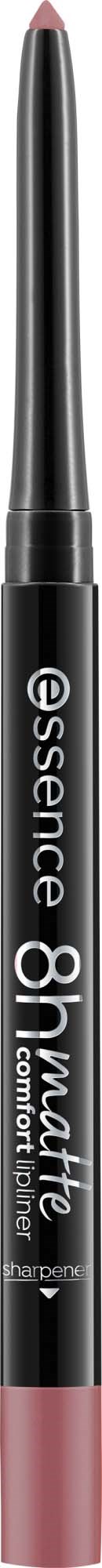 En sort flydende eyeliner med lyserød spids og hvid tekst, mærket essence 8h matte long-lasting.