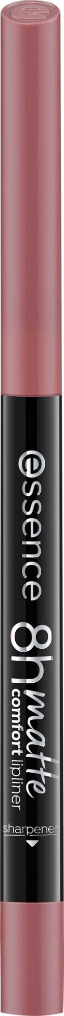 En lyserød læbepensel med sort mærke, der viser ordene essence og 8 hour liquid lipstick.