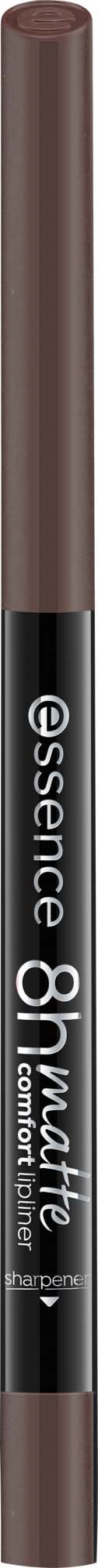 En brun eyeliner blyant med sort bånd og hvid tekst, der siger essence 8h matte. Hætten er øverst.