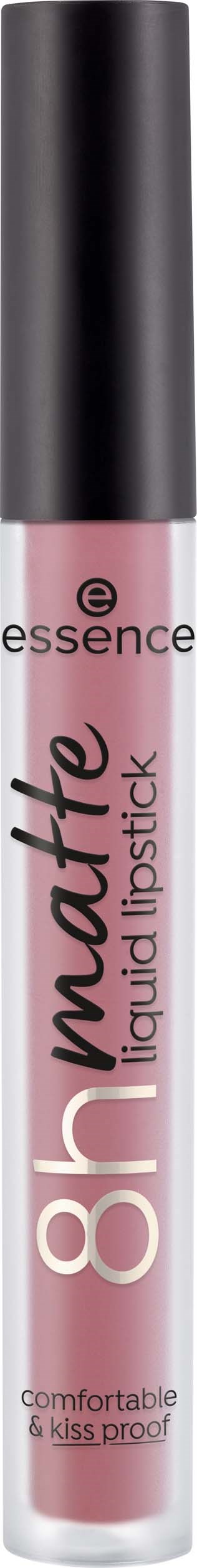 En rosa flytande läppstift i ett cylindriskt rör med svart lock, märkt 'Glamh matte' av Essence.