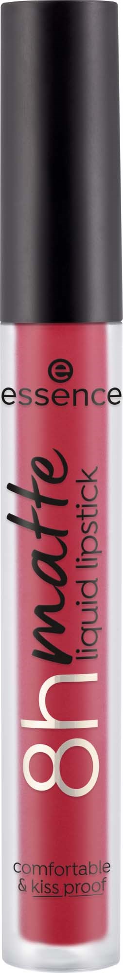 Ein Röhrchen mit rotem flüssigem Lippenstift mit schwarzem Deckel, Marke '8h matte' von Essence, steht aufrecht.