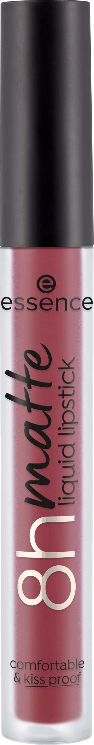 En läppglansrör med svart lock, märkt '8h matte liquid lipstick' i rosa och svart. Märket 'essence' syns.