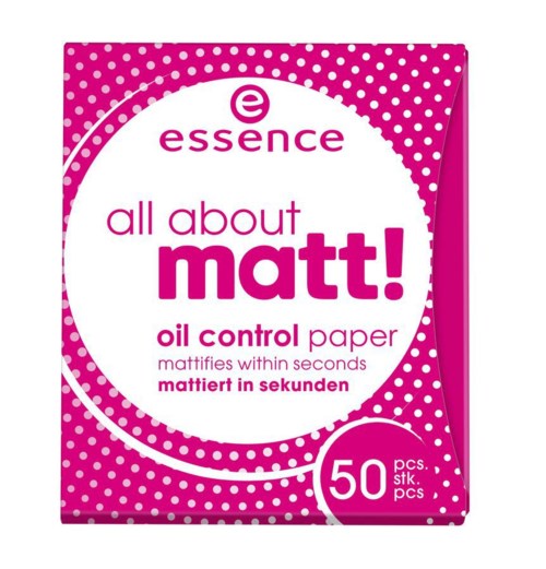 En rosa box med papper märkt 'all about matt' för oljekontroll, innehåller 50 blad.