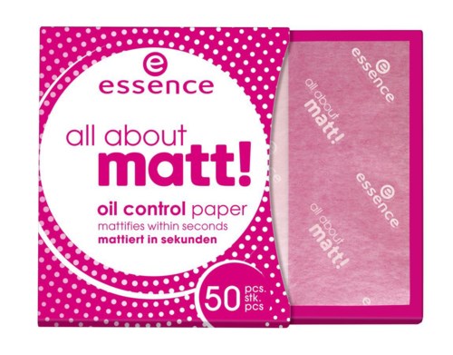  rosa och vit förpackning för oljeabsorberande papper med 50 blad, märket Essence, kallad All About Matt.