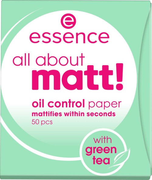 En låda Essence all about Matt! oljekontrollpapper med grönt te, 50 stycken, för snabbt matta resultat.