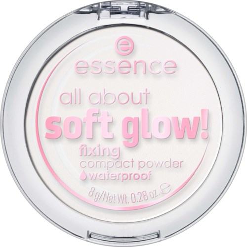 En rund genomskinlig behållare med rosa och vit ansiktspuder, märkt 'essence all about soft glow'.