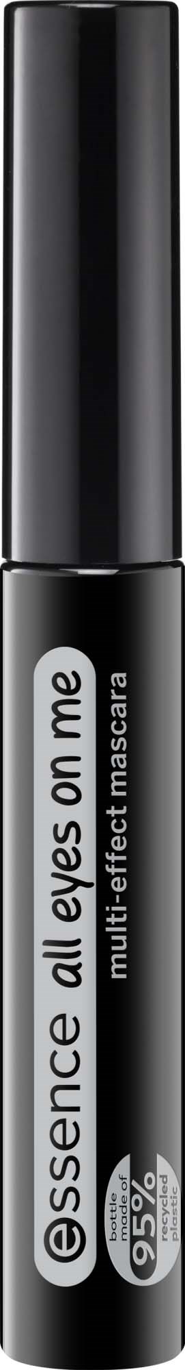 Ein schwarzer Tubus mit weißen Text, der Essence all eyes on me multi effect mascara liest.