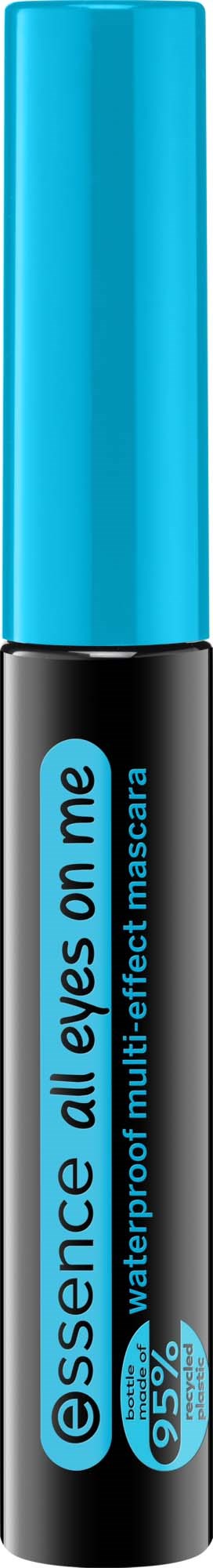 Sort og blå vandtæt mascara rør med blå låg og mærke med teksten Essence all eyes on me.