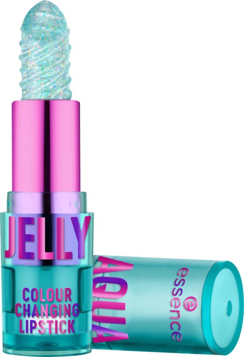 En färgglad läppstift med en glittrig, vriden topp och ljusrosa och blå förpackning som säger jelly.