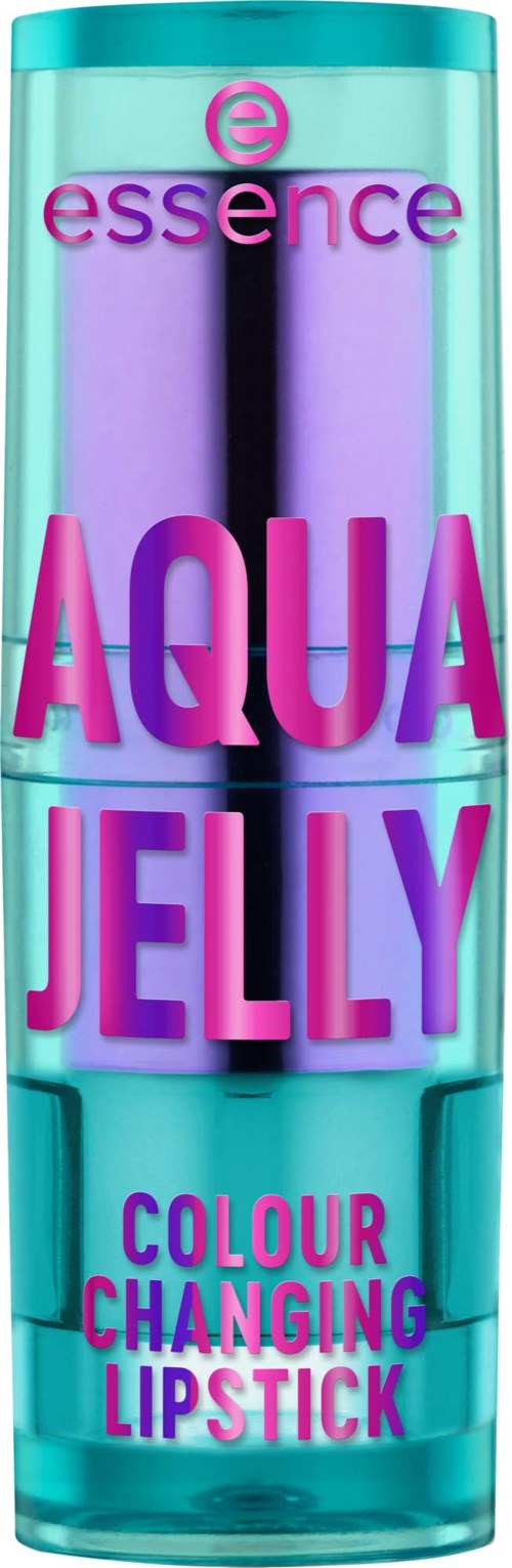 En ljusblå tub innehåller essence aqua jelly färgändrande läppstift med lila och rosa text.