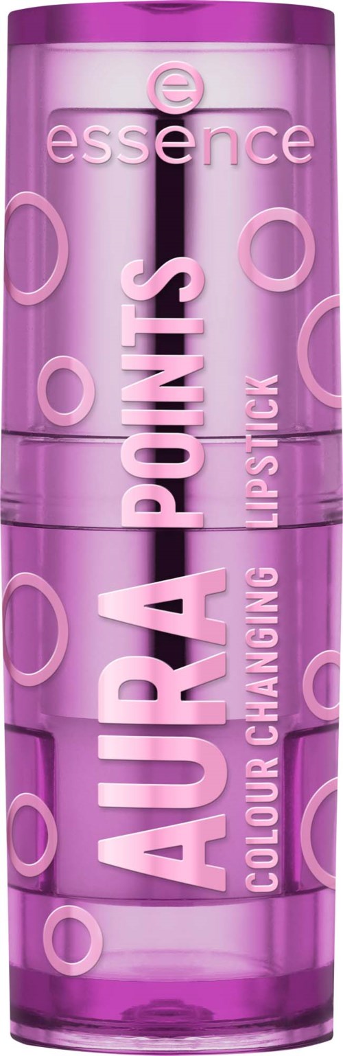 Purple lipstick container with the words Aura Points Colour Changing Lipstick and circles design.
