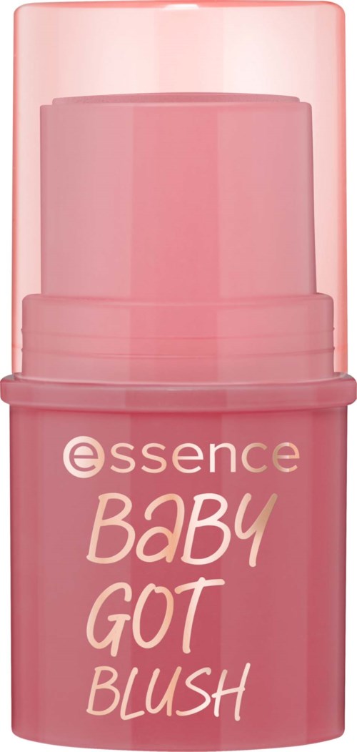 En rosa flaske merket 'essence Baby Got Blush' med pumpe, brukt til makeup eller hudpleieprodukter.