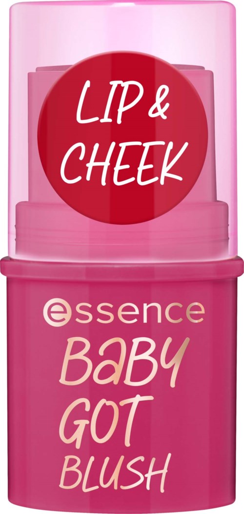 En rosa behållare med en etikett som säger "LIP & CHEEK" och "essence Baby Got Blush."