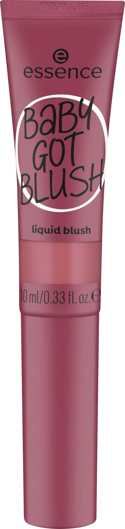Pinkki Essence Baby Got Blush nestemäinen poskipuna. Siihen on kirjoitettu iso teksti ja pyöreä kansi.