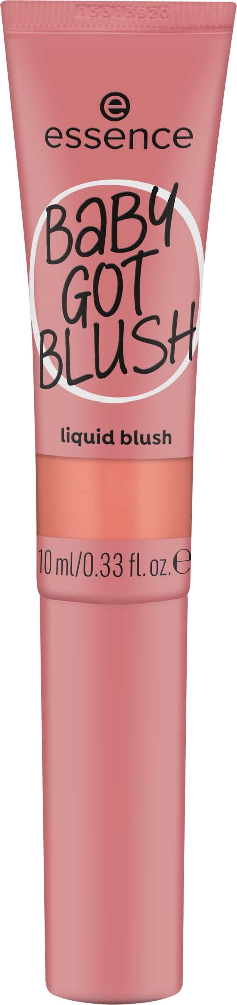 En rosa tub med essence flytande rouge kallad Baby Got Blush med en svart och rosa etikett.