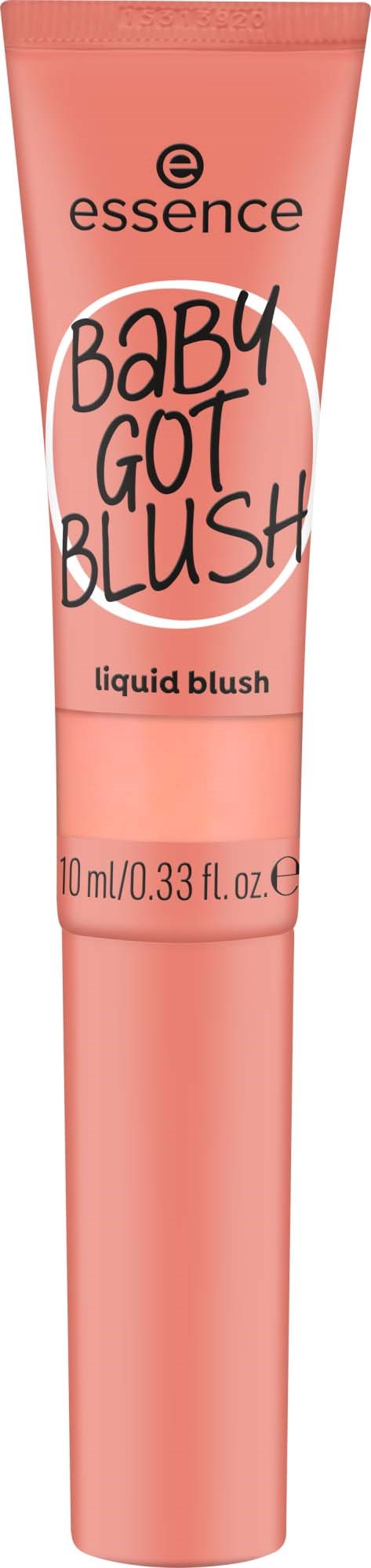 Różowa tubka płynnego różu od Essence, oznaczona "Baby Got Blush" z prostym wzorem.