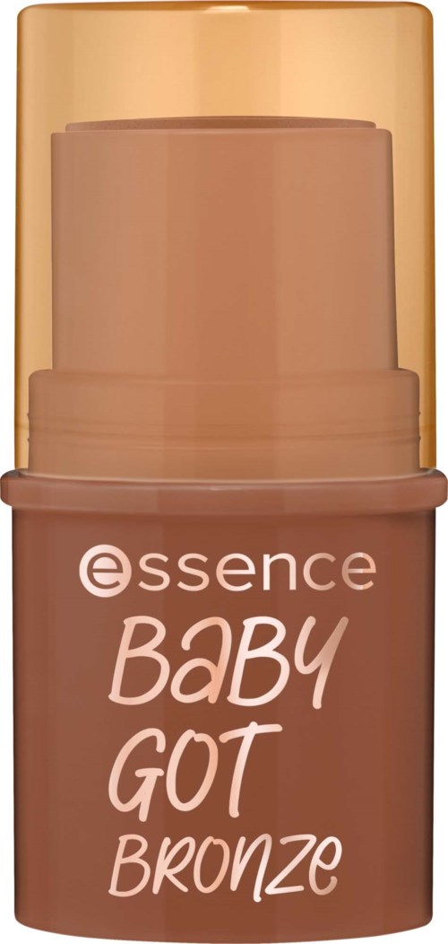 Pieni Essence Baby Got Bronze -meikkipullo. Se sisältää pronssinväristä nestettä ja kullansävyinen korkki.